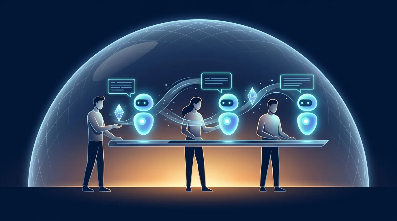 Illustration of a governed workforce of AI agents collaborating inside a secure workspace