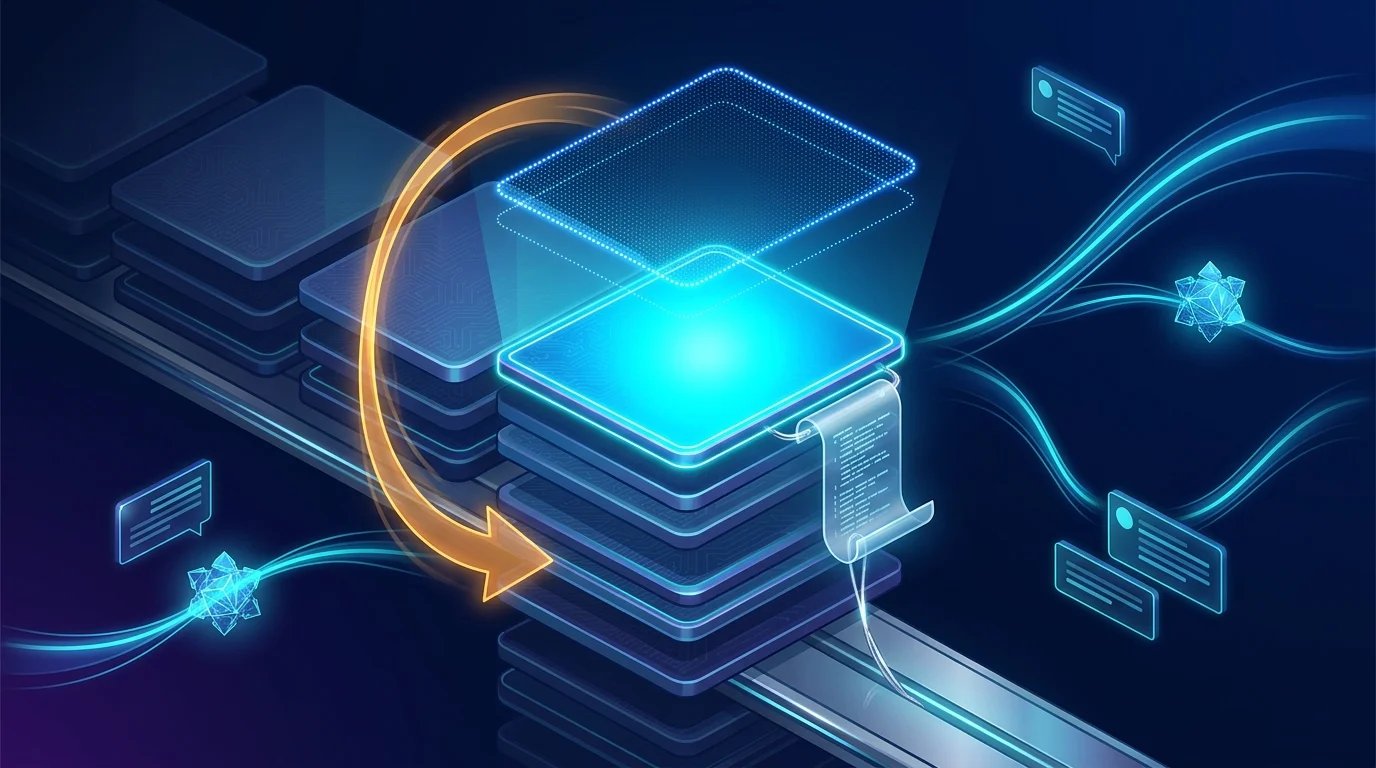 Illustration of an AI agent version timeline with publish and rollback nodes