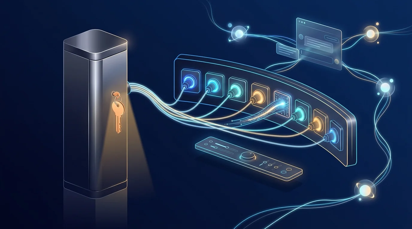 Illustration of a secure vault connected to multiple AI model providers