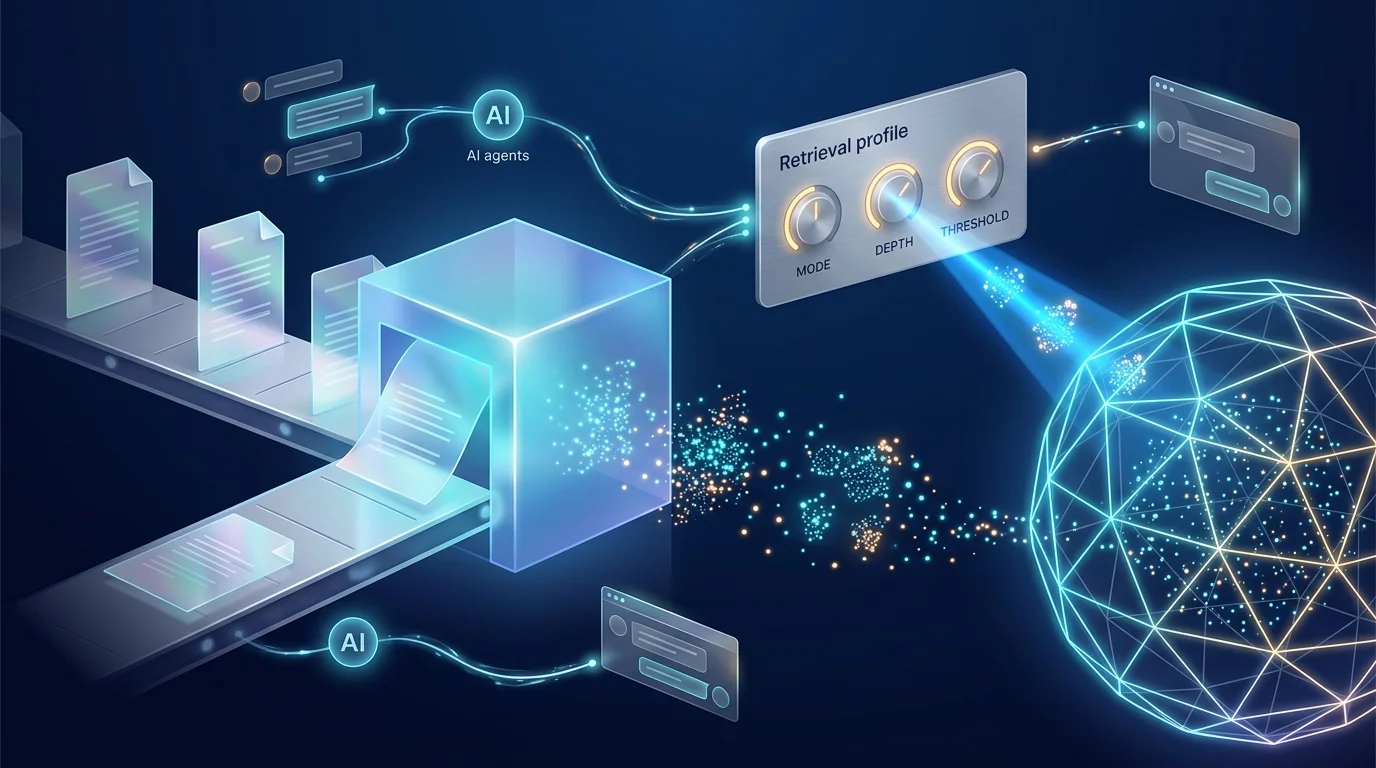 Illustration of documents flowing into a glowing vector knowledge base