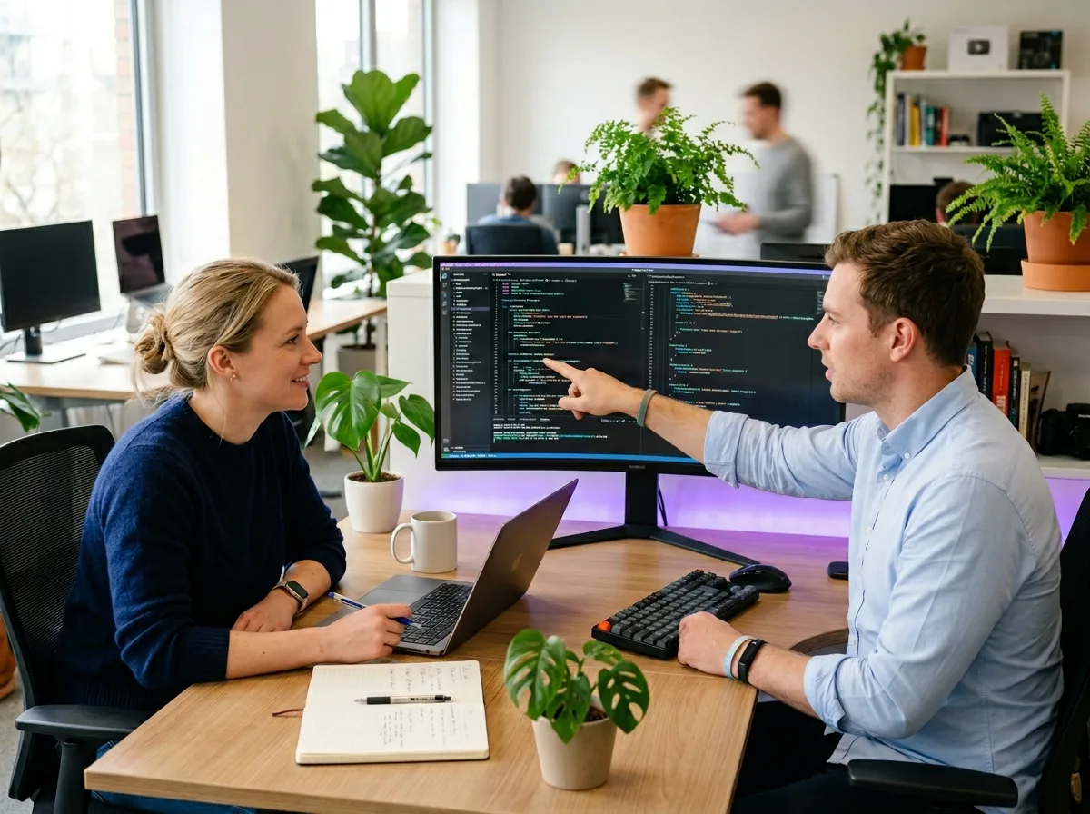 Two engineers pair-programming, building a custom AI assistant