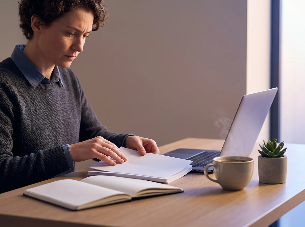 A knowledge specialist carefully organizing documents at a desk, representing knowledge base and RAG preparation services