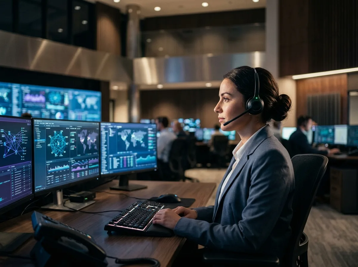 An operations specialist monitoring dashboards in a calm operations center, representing managed agent operations services