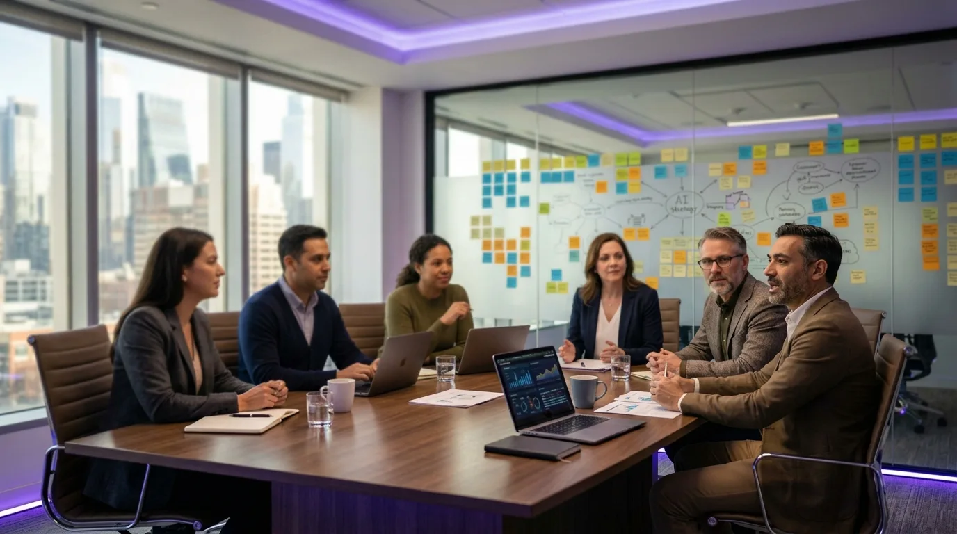 A team of consultants collaborating with a client around a table, mapping out an AI agent strategy